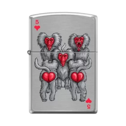 Zippo Lighter – Monkeys 5 of Hearts Brushed Chrome
