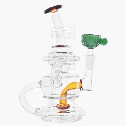USA Glass | Bent Neck Dual Uptake Recycler Water Pipe w/ Showerhead Perc | 5.5in Tall – 10mm Bowl – Amber