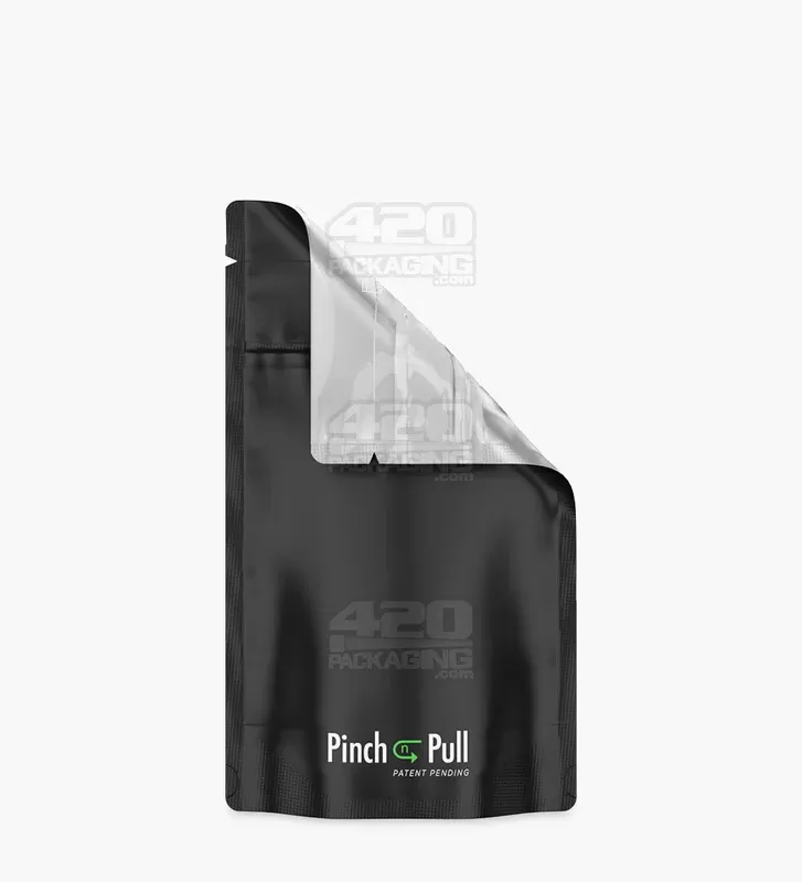 Child Resistant & Tamper Evident | Pinch N Pull Matte Black Vista PCR Mylar Bags | 4in x 7.4in – 7g – 250 Count