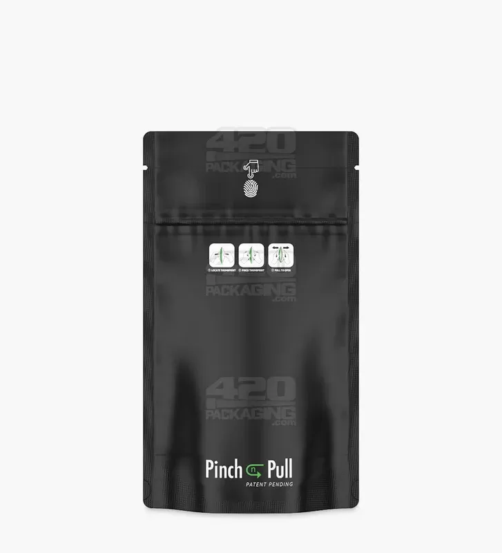 Child Resistant & Tamper Evident | Pinch N Pull Matte Black PCR Mylar Bags | 4in x 7in – 7g – 250 Count