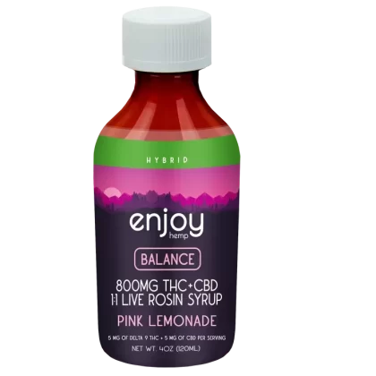 Enjoy Hemp 800 mg Balance 1:1 Live Rosin Delta 9 THC/CBD Syrup – Pink Lemonade (Hybrid)