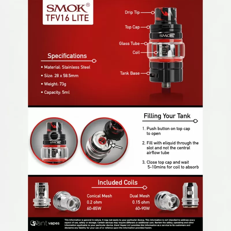 SMOK TFV16 Lite Sub-Ohm Tank 5mL Bubble Glass Vape - Stainless Steel, Gold - Image 2