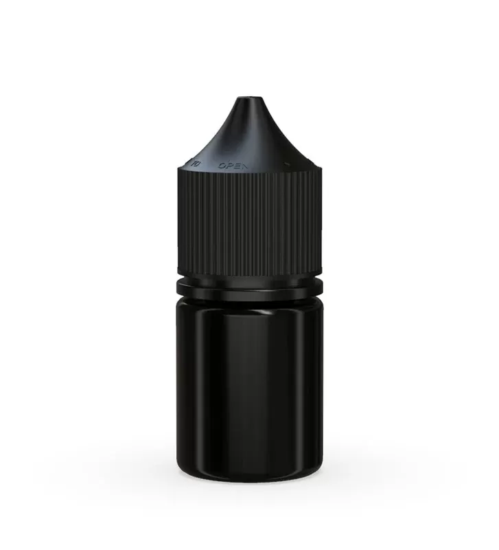CHUBBY GORILLA | Child Resistant Stubby Unicorn PET Dropper Bottles Black | 20mL – w/ Black Lid – 1000 Count