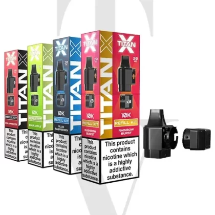 TITAN X REPLACEMENT PODS - Select Your Flavour#Banana Ice>Blue Raspberry>Sour Apple>Triple Berry>Watermelon Ice>Blueberry Sour Razz>Cherry Fizz>Cola Freeze>Cool Mint>Fruit Punch>Lemon Lime>P