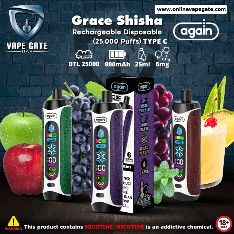Again Grace Shisha Disposable Rechargeable Vape (25,000 Puffs) - Grape Mint / 6 mg