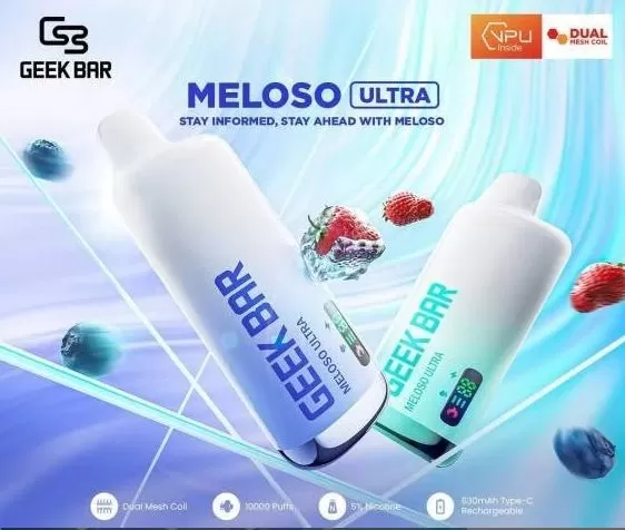 Geek Bar Meloso Ultra Rechargeable Disposable Vape (10,000 Puffs) - 50 mg / Strawberry Watermelon Ice - Image 2