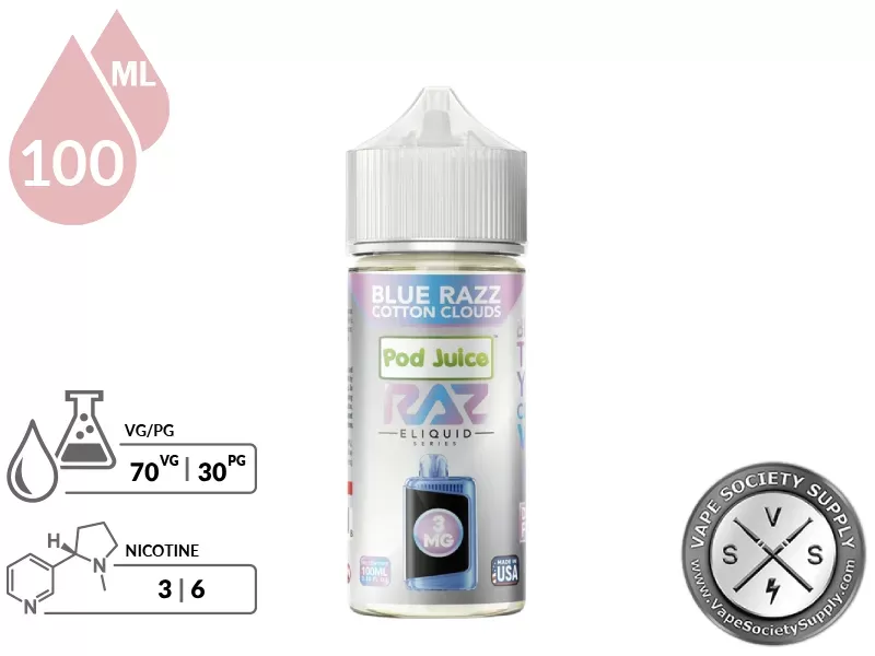 Blue Razz Cotton Clouds Pod Juice x RAZ 100ml - Vape Product, Vape Product - Image 2