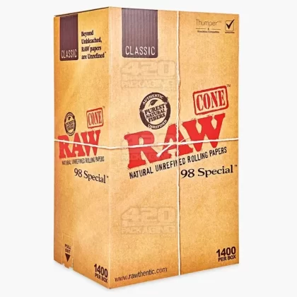RAW | Classic 98 Special Pre-Rolled Cones | 98mm – Unbleached Paper – 1400 Count