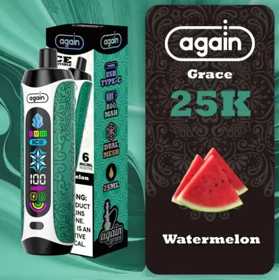 Again Grace Shisha Disposable Rechargeable Vape (25,000 Puffs) - Watermelon / 6 mg - Image 3