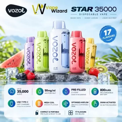 Vozol Star 35000 Puffs 50mg Nicotine Disposable Vape - Apricot Watermelon Ice, Blue Razz Ice; 10PCS-1BOX, 1PCS-1PACK (323CB3)