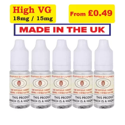 Inspired Vapour Nic Shots 18mg – High VG Nicotine Booster- UK Made - C. 15mg, E. 18mg; 100X 10ml (wholesale), 10X 10ml