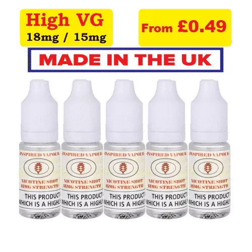Inspired Vapour Nic Shots 18mg – High VG Nicotine Booster- UK Made - C. 15mg, E. 18mg; 100X 10ml (wholesale), 10X 10ml