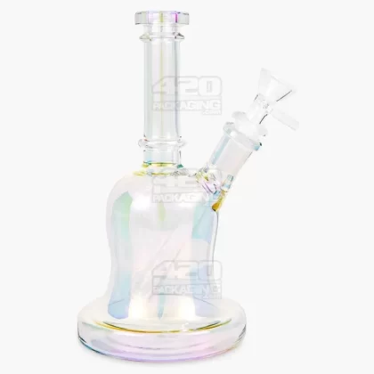 USA Glass | Straight Neck Iridescent Fumed Glass Bell Water Pipe | 8in Tall – 14mm Bowl – Blue