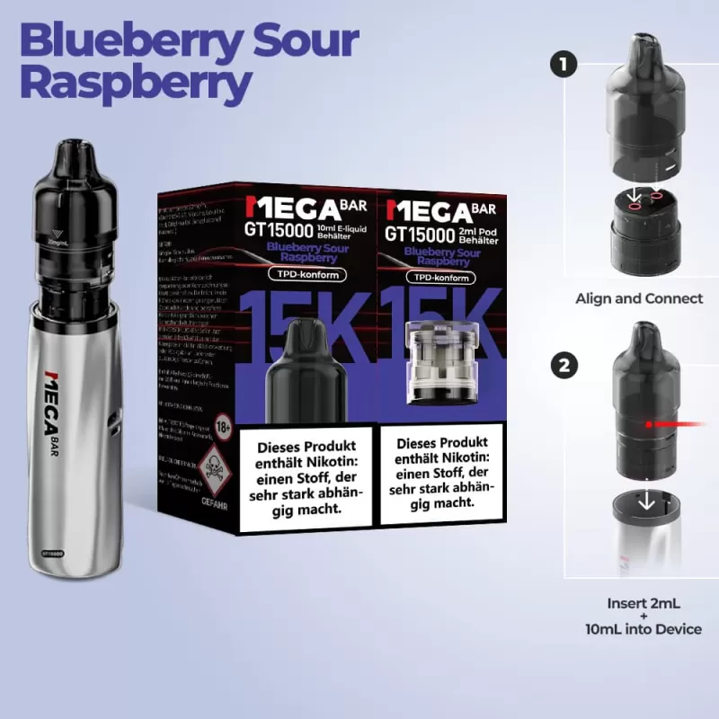 MEGABAR GT15000 Prefilled Pods – Blueberry Sour Raspberry (2+10ml) - Image 2