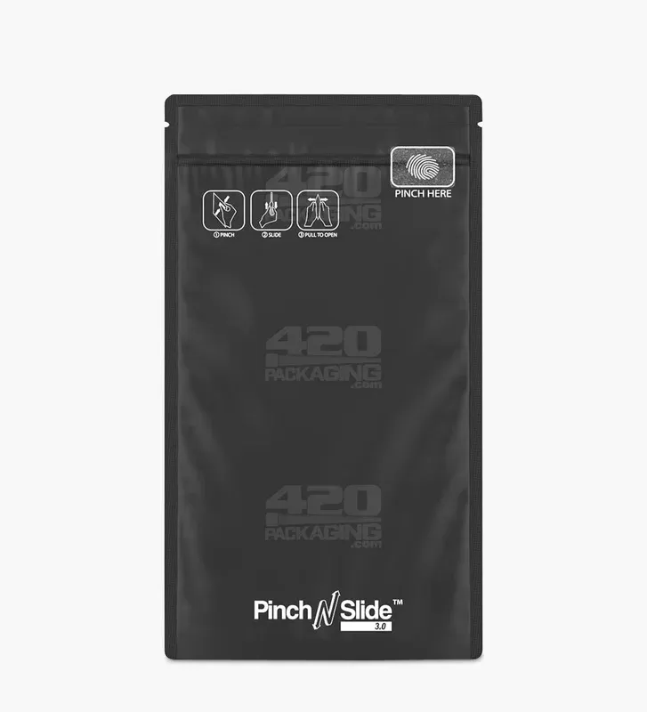 Child Resistant & Tamper Evident | Pinch N Slide 3.0 Matte Black Bottom Loading PCR Mylar Bags | 5in x 8.5in – 14g – 250 Count