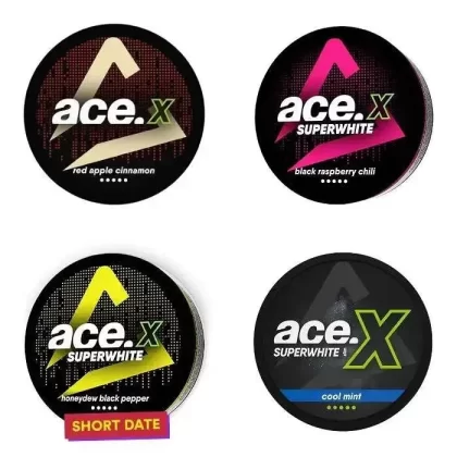 ACE X Nicotine Pouches - Pack Count#Single Pack~Flavor#Raspberry Chili Strong>Cool Mint>Cool Mint Cosmic>Guarana Chili Boost>Honeydew Black Pepper>Red Apple Cinnamon~Nicotine#12MG