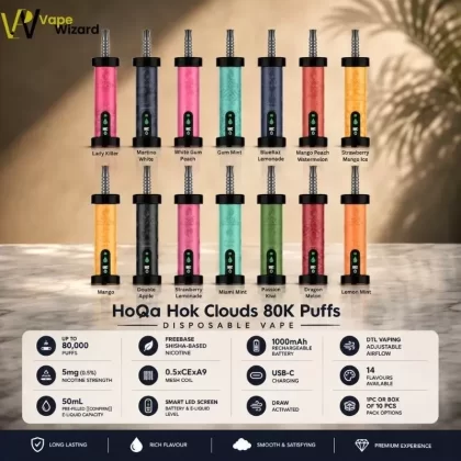 HoQa Hok Clouds 80K Puffs Disposable Vape - Blue Razz Lemon, Double Apple; Vape Product, Box of 10 Pcs (634E97)