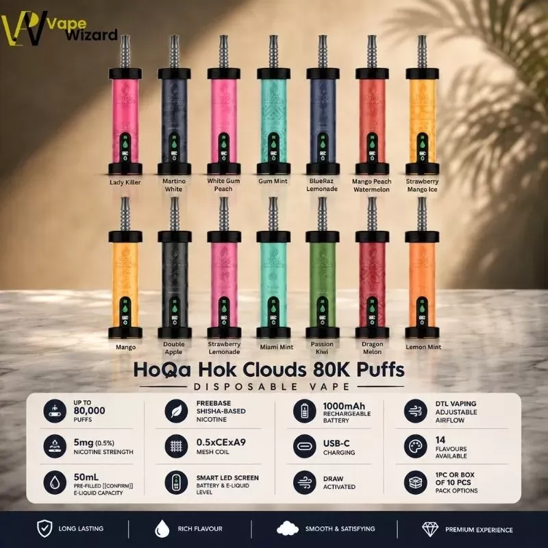 HoQa Hok Clouds 80K Puffs Disposable Vape - Blue Razz Lemon, Double Apple; Vape Product, Box of 10 Pcs (634E97)