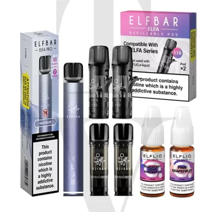 ELFA PRO REFILLABLE POD VAPE KIT, 2 X REFILLABLE PODS, 1 X PREFILLED POD, 2 X ELFLIQ SALTS BUNDLE BY ELF BAR