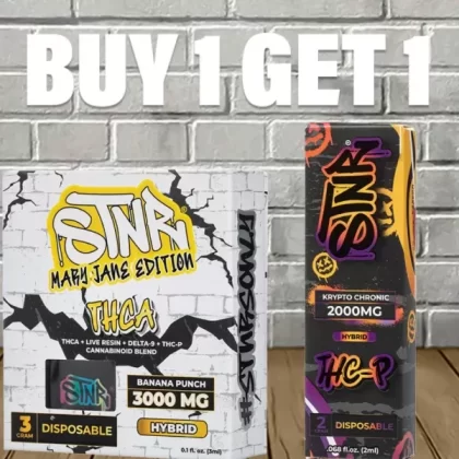 B1G1 STNR THCa + THCP + D8 Bundle - strain#Banana Punch (Hybrid) DISPOSABLE>Green Goblin (Sativa) DISPOSABLE>Hawaiian Haze (Sativa) DISPOSABLE>Kryptonite (Indica) DISPOSABLE>Raspberry Kush (