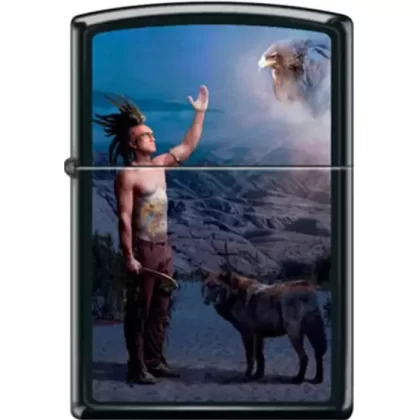 Zippo Lighter – Indian with Animals Black Matte