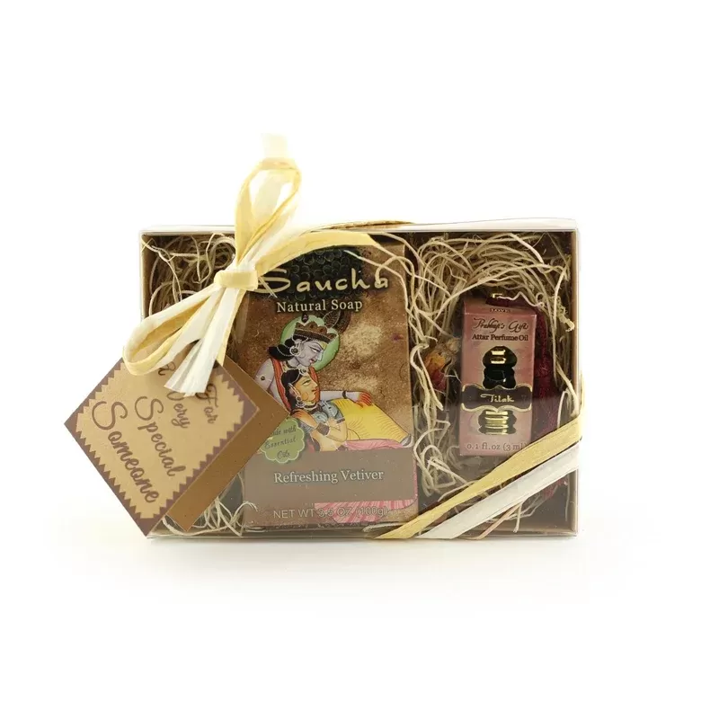 Prabhuji Gift Set – Saucha Bar Soap ‘Refreshing Vetiver’ and Attar Oil ‘Tilak’ – with Greeting ‘For a very special someone’