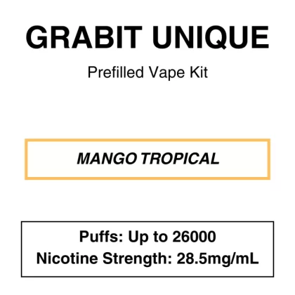 Grabit – Unique 26K – Prefilled Vape Kit – Mango Tropical – 26000 Puffs – 28.5mg/mL Nicotine