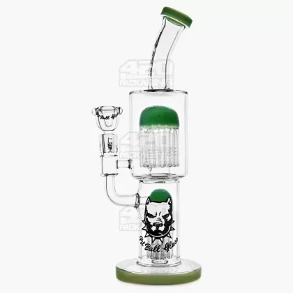 PIT BULL | Bent-Neck Double Tree Perc Glass Water Pipe w/ Thick Base | 12in Tall – 14mm Bowl – Jade