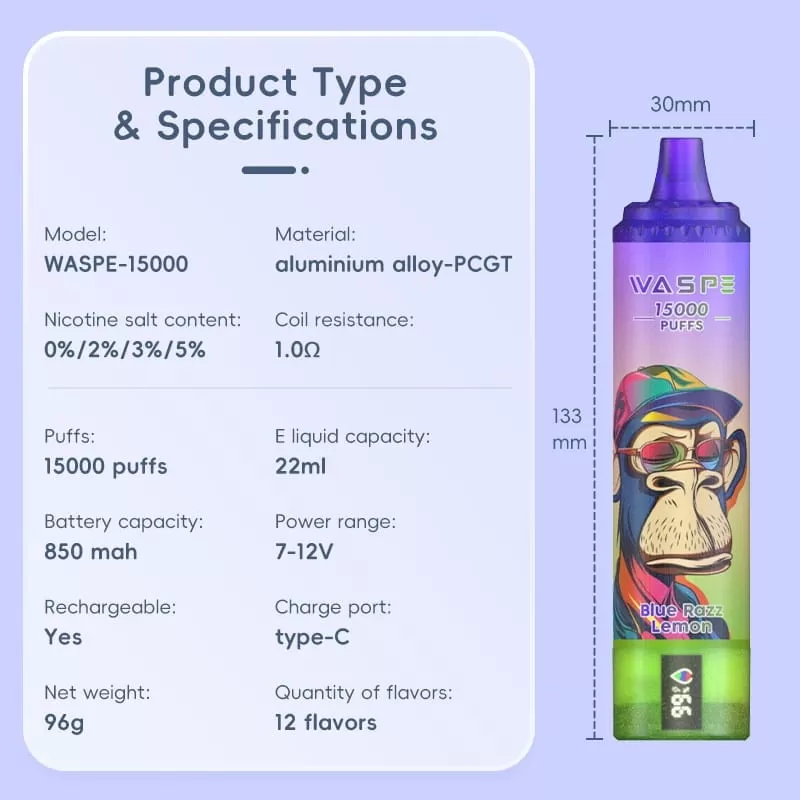 Waspe 15000 Puffs | 0%-5% strength, 22mL, LCD display, bulk disposable vape - Aiviouvapes - Image 3