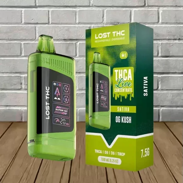 Lost THC THCa Live Concentrate V3 Disposable Vape 7.5g - strain#OG Kush (Sativa) DISPOSABLE>Blue Slushie (Indica) DISPOSABLE>Apples & Bananas (Indica) DISPOSABLE>Watermelon Gelato (Hybrid) D