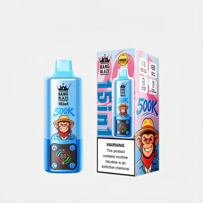 BANG BLAZE 500K Puffs 15in1 – Mesh Coil Disposable Vape - Blueberry Ice+Apple Grape+Banana Ice+Watermelon Sour Peach, Blueberry Raspberry+Cherry Coke+Passionate Kiss+Mango Peach; Vape Produc (BABC06)