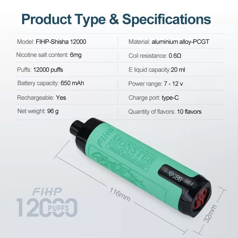 FIHP Shisha Hookah 12000 Puffs | 0.6% strength, bulk disposable vape - Aiviouvapes - Image 2