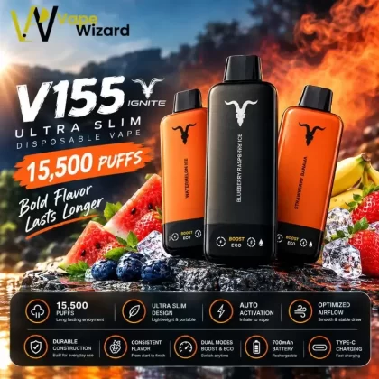 IGNITE V155 15500puffs Disposable Vape Ultra Slim Pod Kit in the UAE - Blueberry Ice, Grape Ice; Vape Product, Box of 5pcs