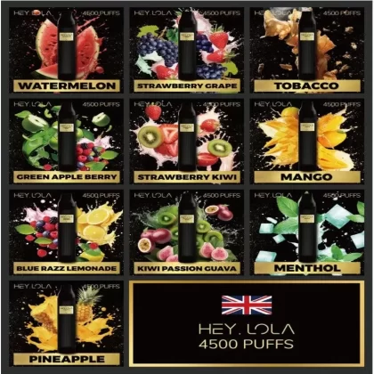 Hey Lola 4500 Puffs - FLAVOR#BLUE RAZZ LEMONADE>WATERMELON>STRAWBERRY KIWI>TOBACCO>PINEAPPLE>GREEN APPLE BERRY>KIWI PASSION GUAVA>MANGO>MENTHOL>STRAWBERRY GRAPE (8E81E4)