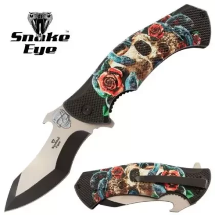 Snake Eye Tactical Spring Assisted Knife 4.5″ Closed – Skull & Roses