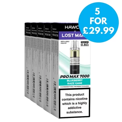 Box of 5 – 20mg Hawcos X Lost Mary Pro Max 7k Refill Pack - Vape Product; Berry Fusion, Blueberry Razz Gami