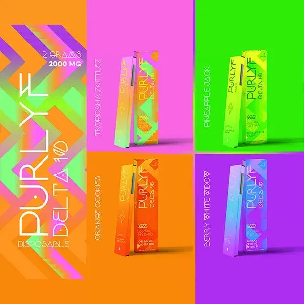 Purlyf | Delta 10 THC Rechargeable Disposables – 2g - Strain#Orange Cookies - Hybrid>Berry White Widow - Sativa>Tropical Zkittlez - Indica>Pineapple Jack - Sativa (02EEEA)