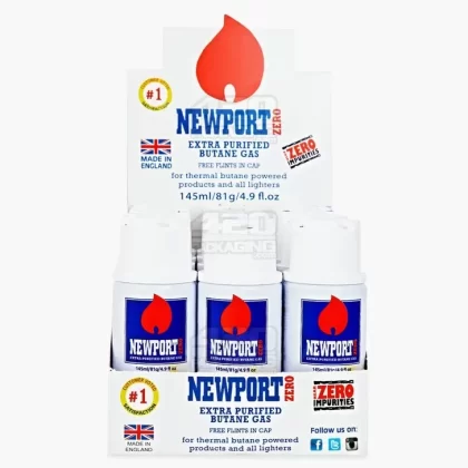 NEWPORT | ‘Retail Display’ Zero Extra Purified Butane Canisters w/ Flints | 145mL – BHO – 12 Count