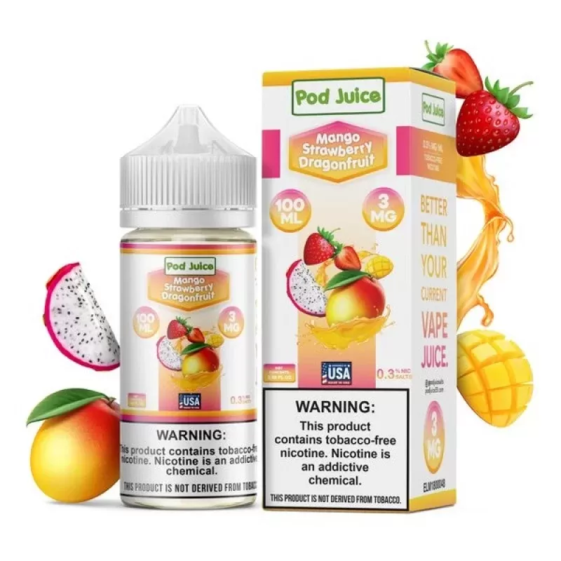 Pod Juice Mango Strawberry Dragonfruit E-juice 100ml - Nicotine Avail#3 mg>6 mg