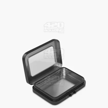 Child Resistant & Sustainable | Hinged-Lid Mini Size Vista Pre-Rolls Box w/ See-Through Window | 80mm x 58mm – Black Tin – 100 Count