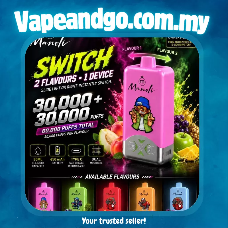 Manoli Switch 60k Disposable (2 Flavors In 1 Device) - Honeydew & Peach, Grape Apple & Mango Pineapple