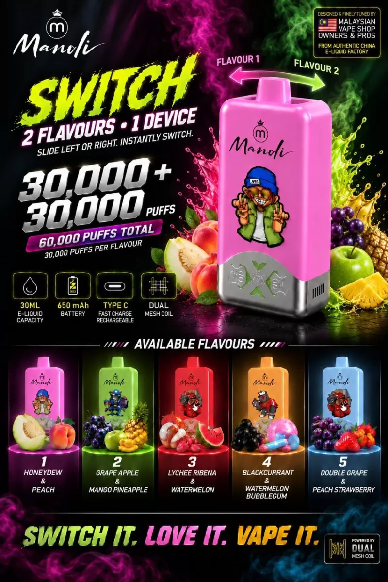 Manoli Switch 60k Disposable (2 Flavors In 1 Device) - Honeydew & Peach, Grape Apple & Mango Pineapple - Image 2