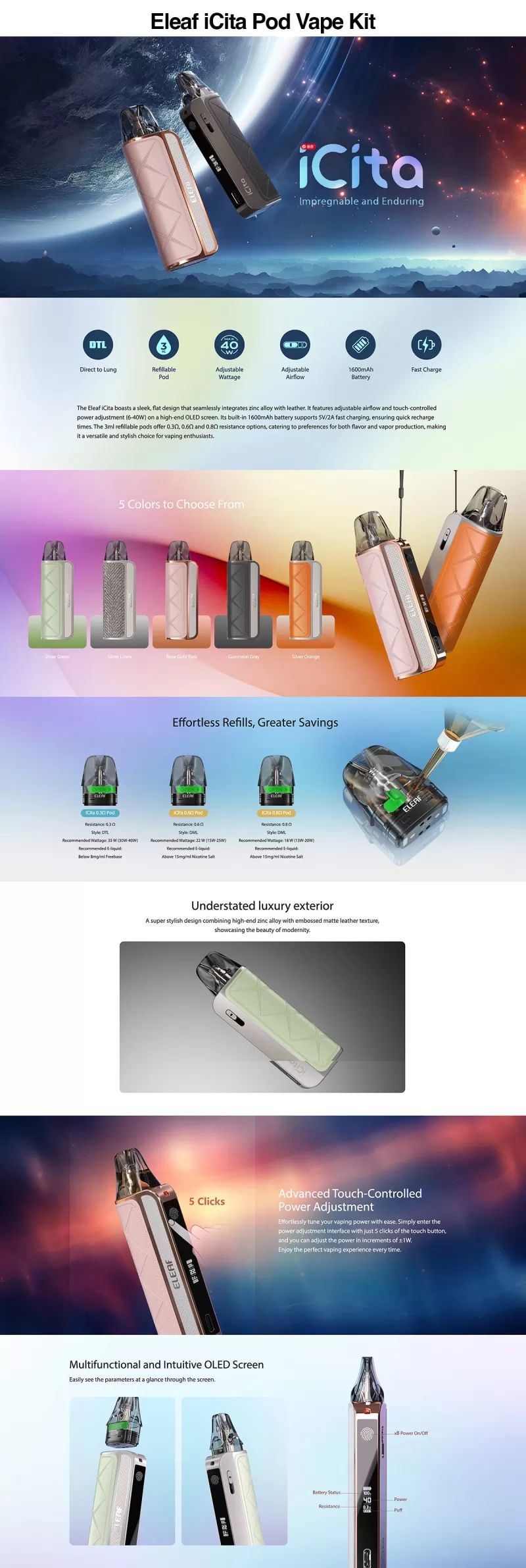 Eleaf iCita Pod Kit 40W - Silver Orange - Image 3