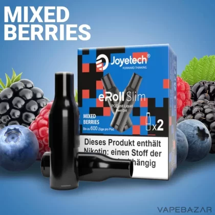 Joyetech eRoll Slim Prefilled Pod – Mixed Berries (2er Pack) - Joyetech / 20mg/ml / 2ml / ca. 600 / Glycerin / Aromen / Propylenglykol / Nikotin / Nein / Himbeere / Brombeere / Blaubeere / Beeren Mix