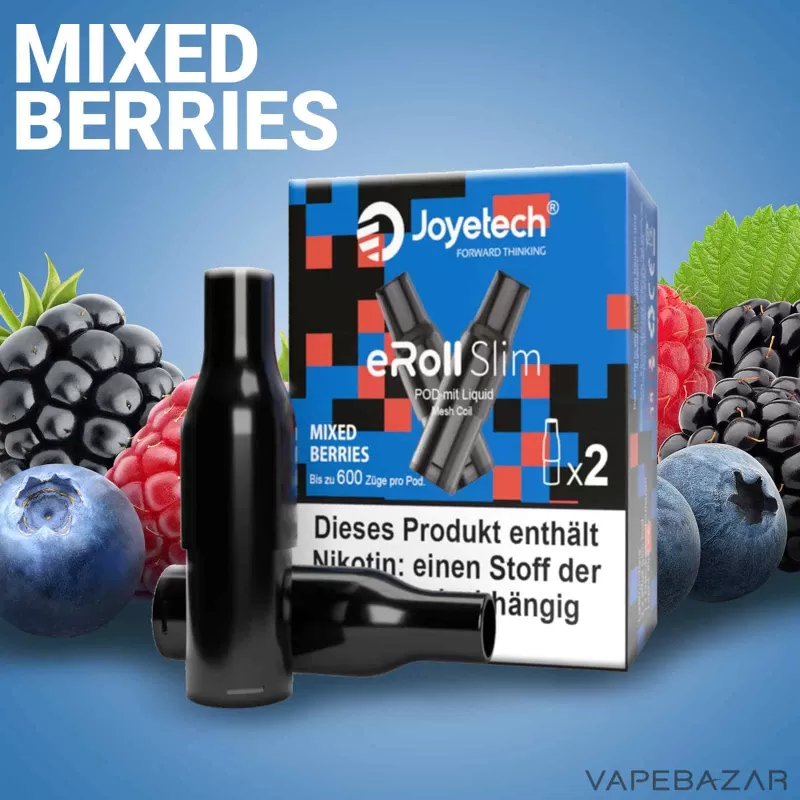 Joyetech eRoll Slim Prefilled Pod – Mixed Berries (2er Pack) - Joyetech / 20mg/ml / 2ml / ca. 600 / Glycerin / Aromen / Propylenglykol / Nikotin / Nein / Himbeere / Brombeere / Blaubeere / Beeren Mix
